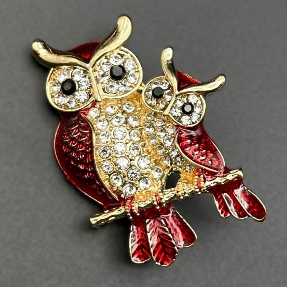 Yellow Gold with Diamond Crystal and Enamel Owl Duo on Branch Pin Back Brooch